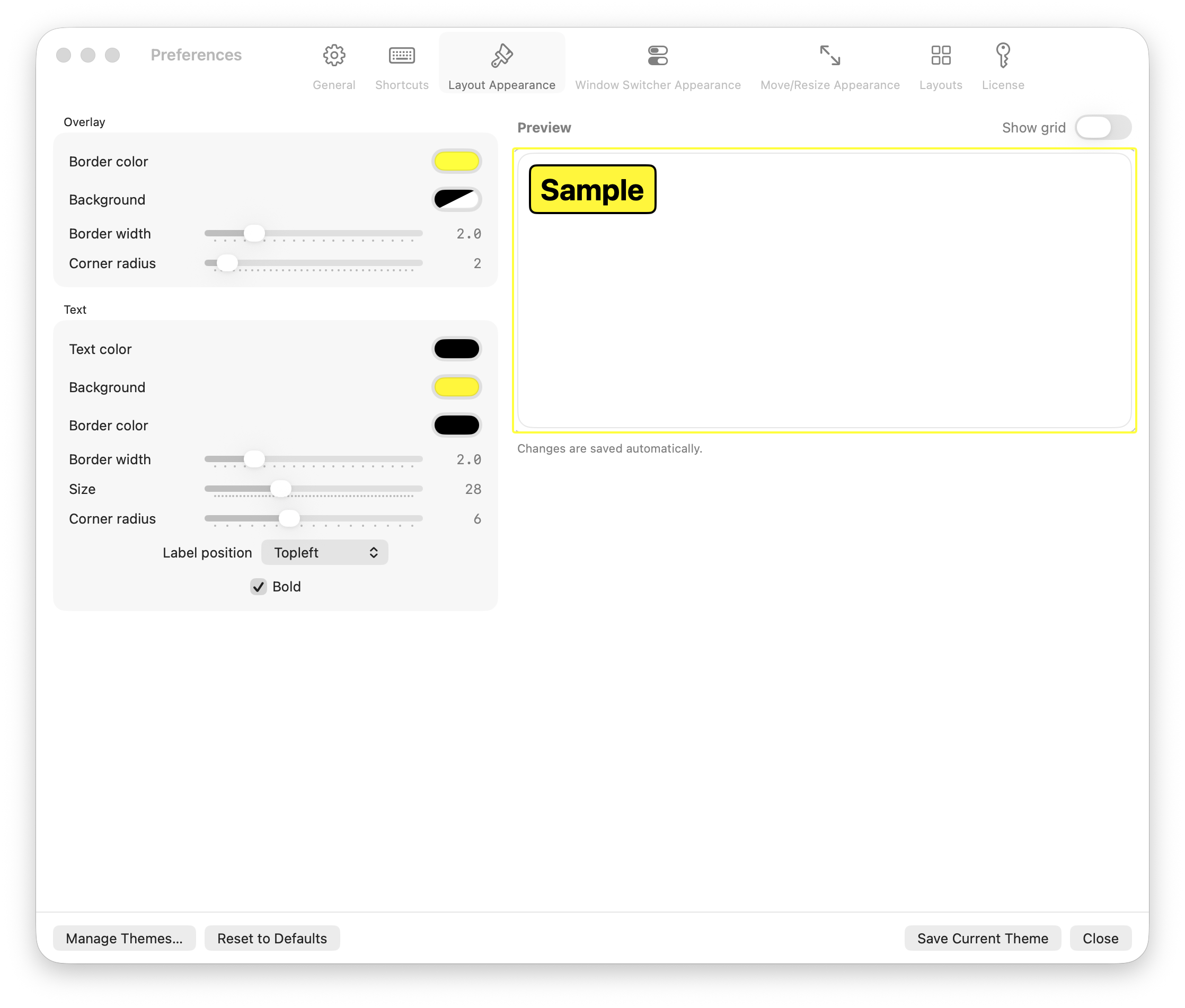 Ankylix Layout Appearance preferences with color pickers, sliders and a live preview of the overlay