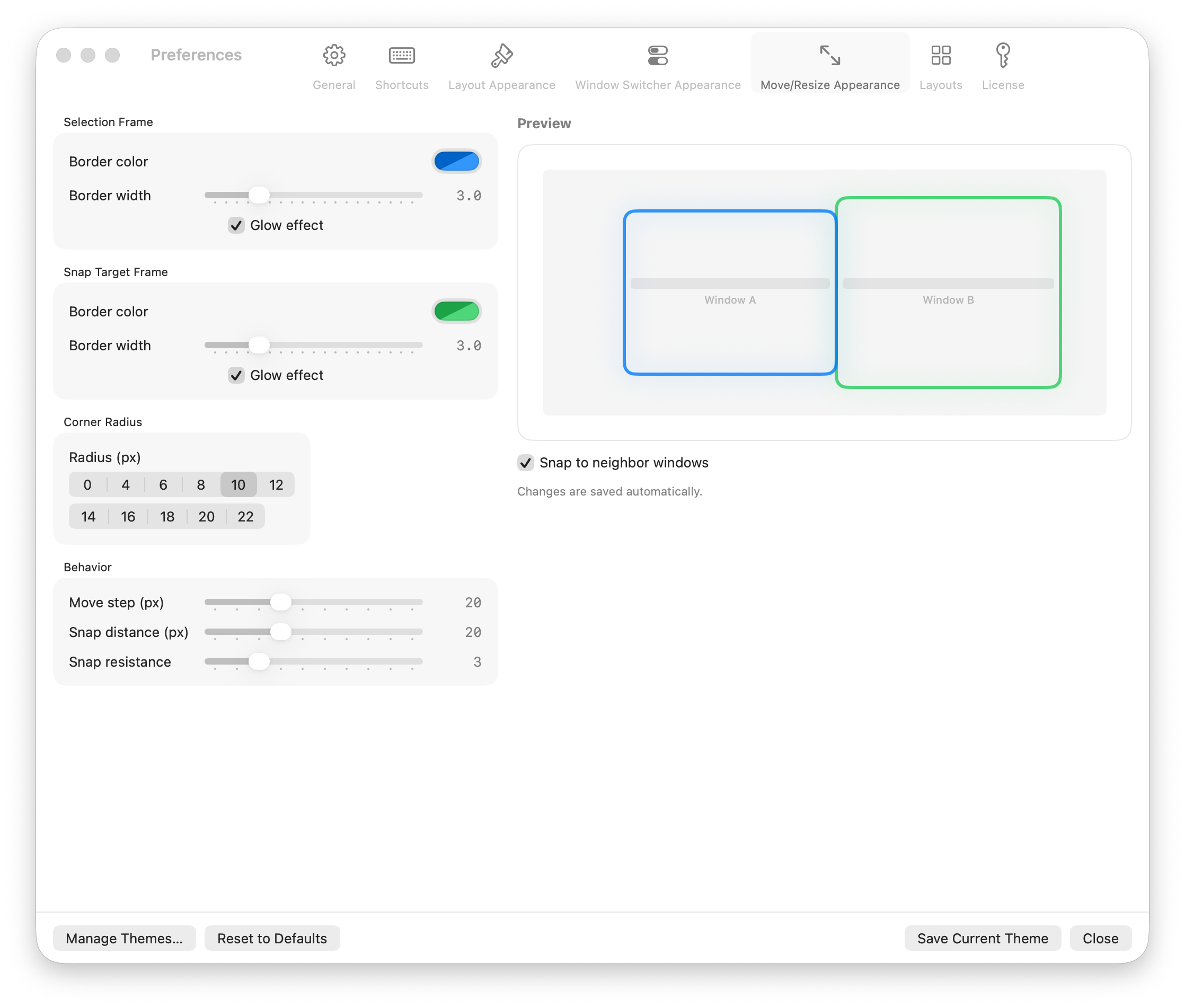 Ankylix Move/Resize Appearance preferences: selection frame, snap-target frame and a live preview