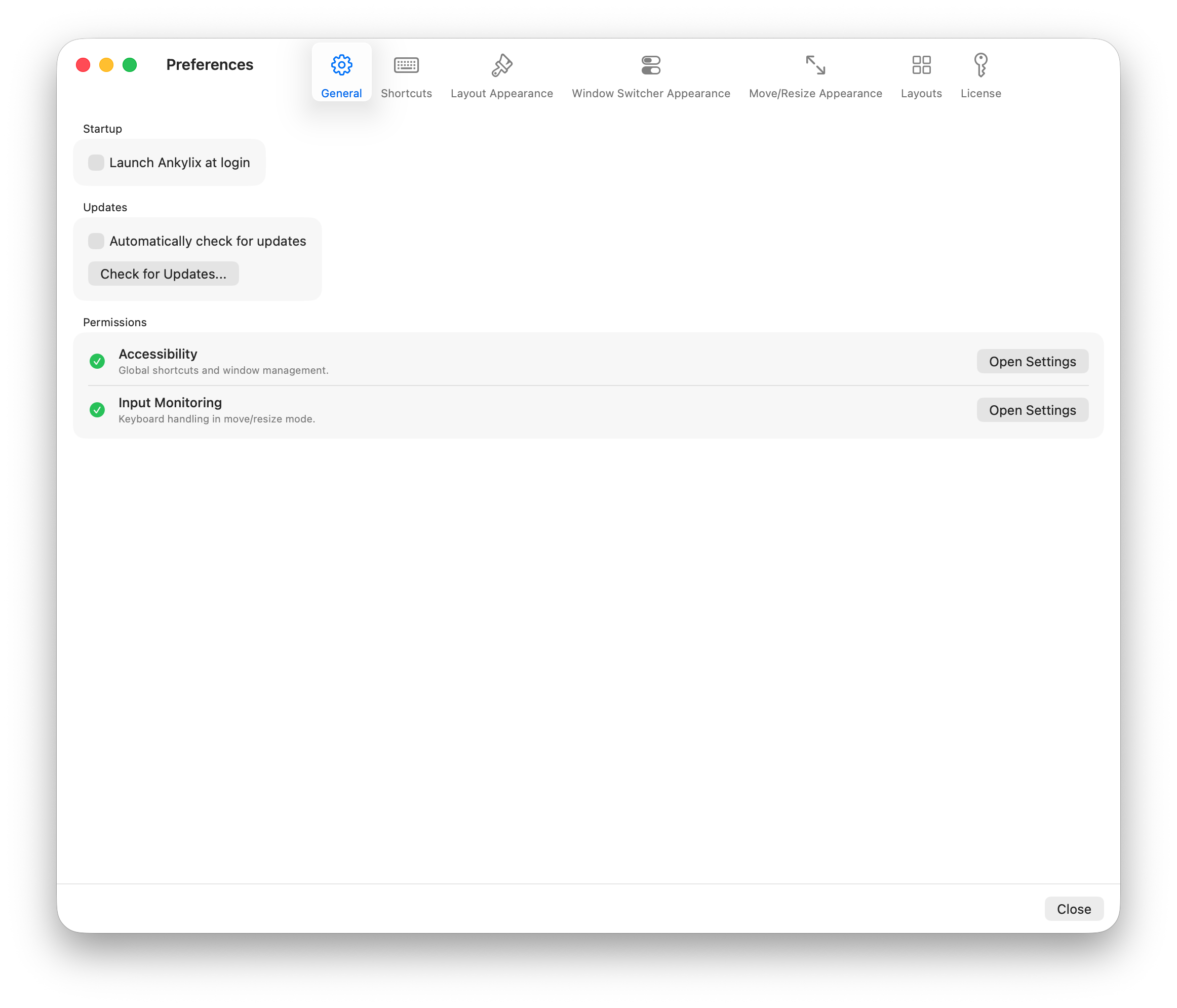Ankylix Preferences General tab showing Startup, Updates and a Permissions panel with Accessibility and Input Monitoring granted