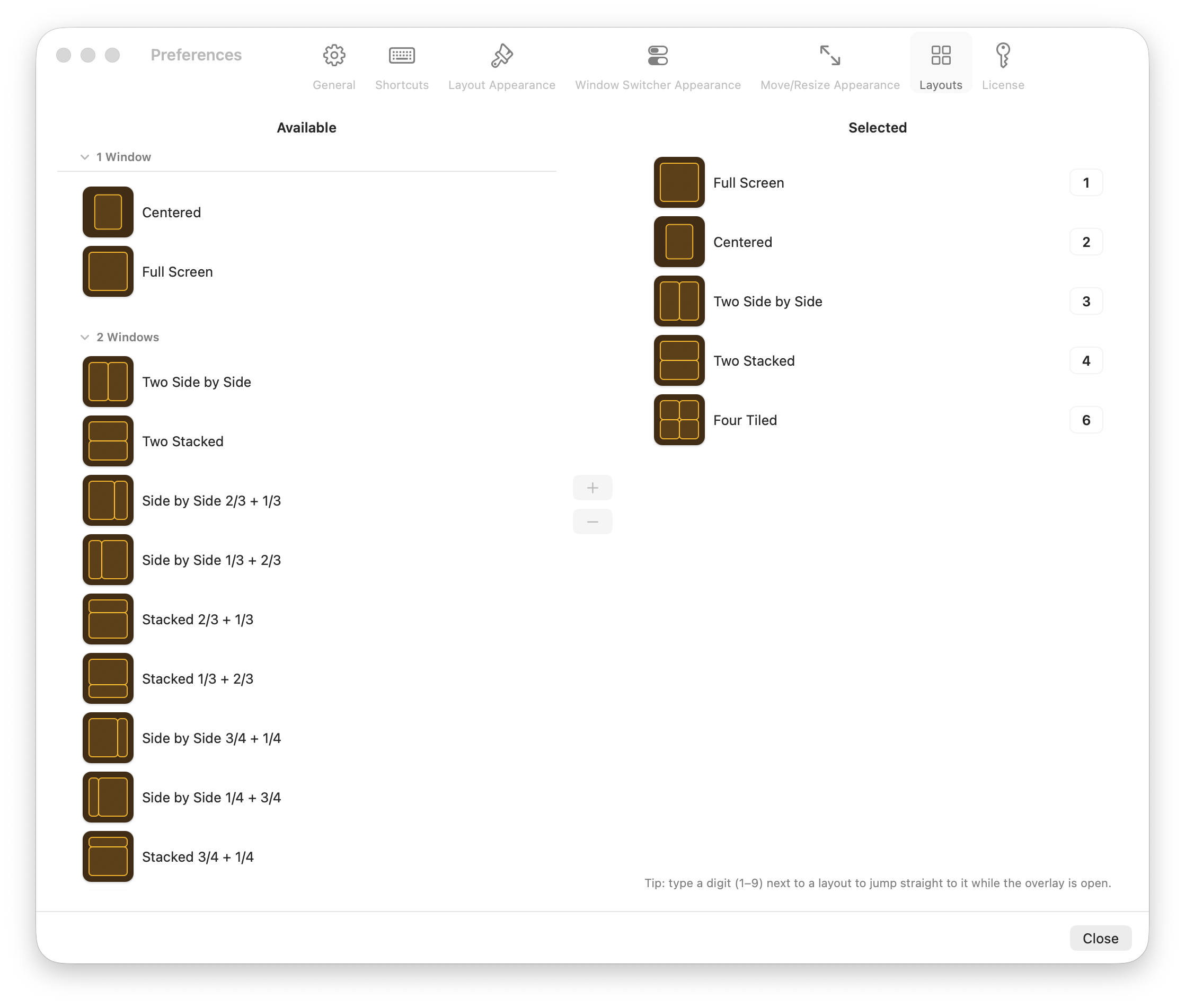 Ankylix Preferences Layouts tab with an Available list on the left and a Selected list on the right, each selected layout assigned a digit