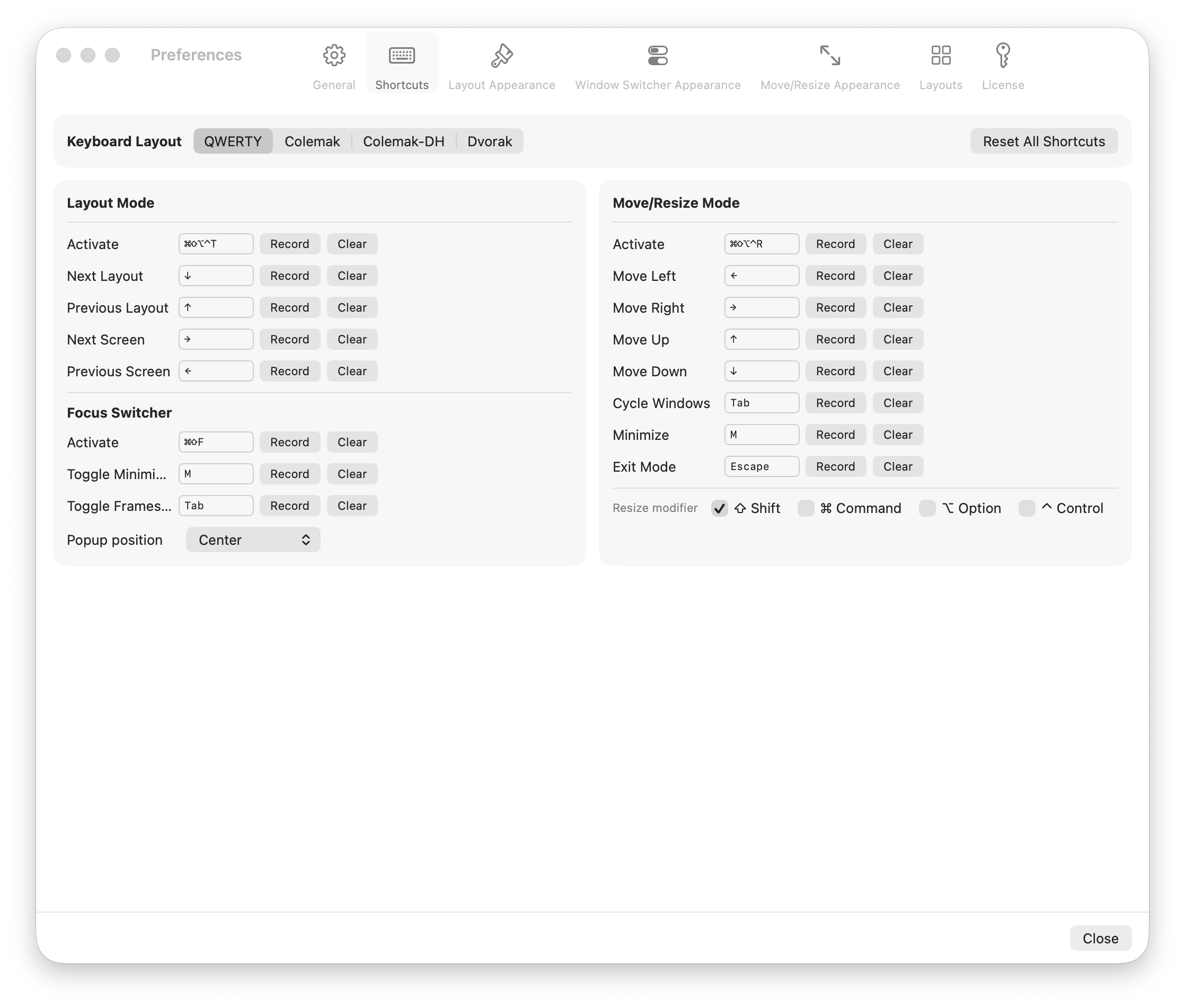 Ankylix Preferences Shortcuts tab with trigger and in-mode keys for Layout, Focus Switcher and Move/Resize, plus a keyboard layout selector