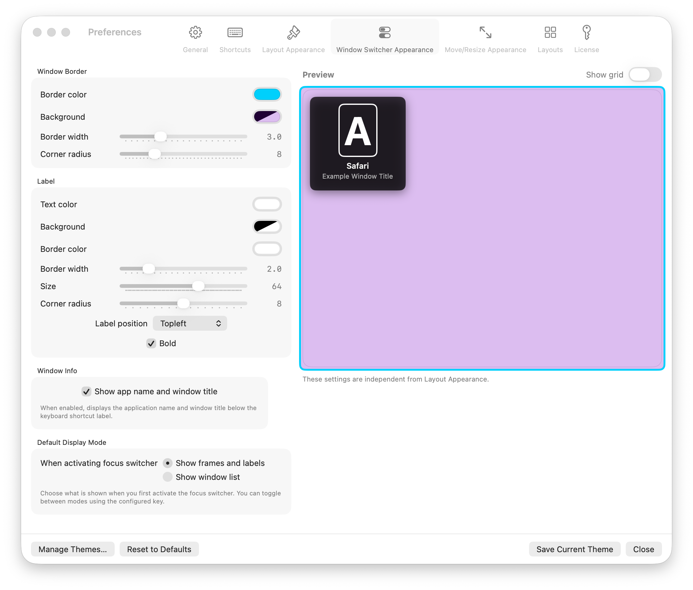 Ankylix Window Switcher Appearance preferences with window border and label styling, a live Safari preview, and a default display mode option