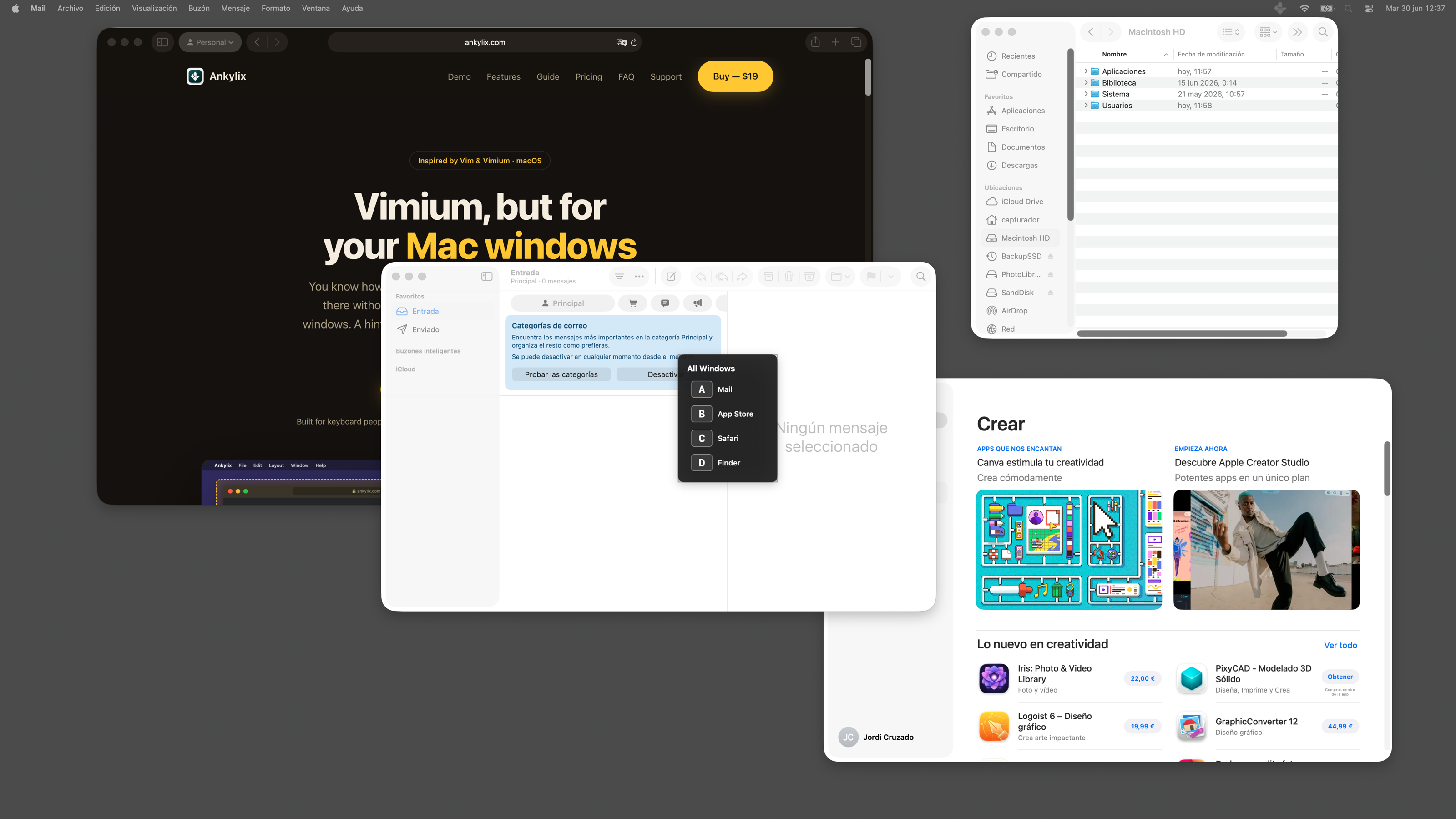 Ankylix focus switcher in list mode: a compact All Windows panel listing each open window with its letter hint