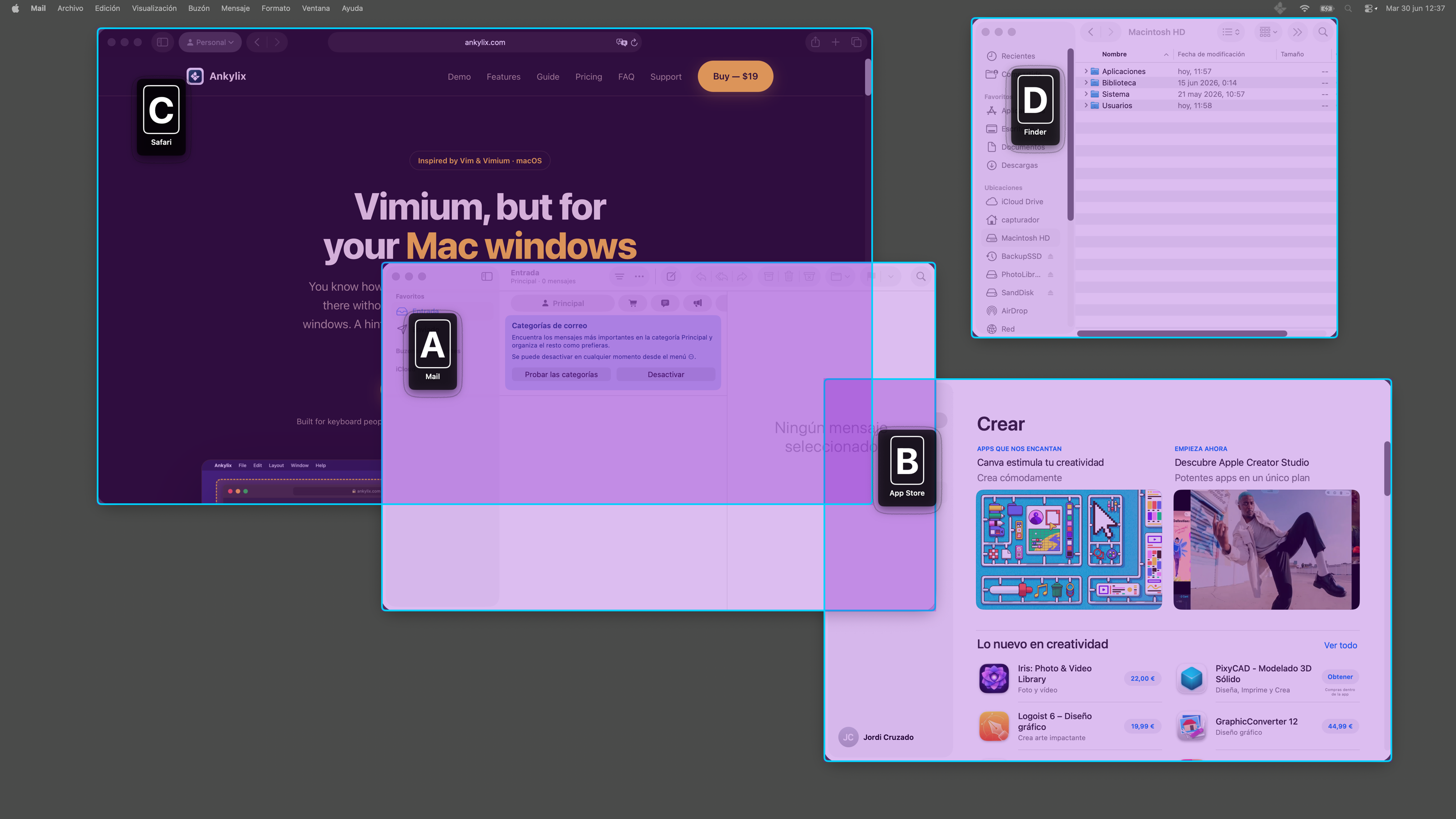 Ankylix focus switcher: a letter hint on each open window across the macOS desktop