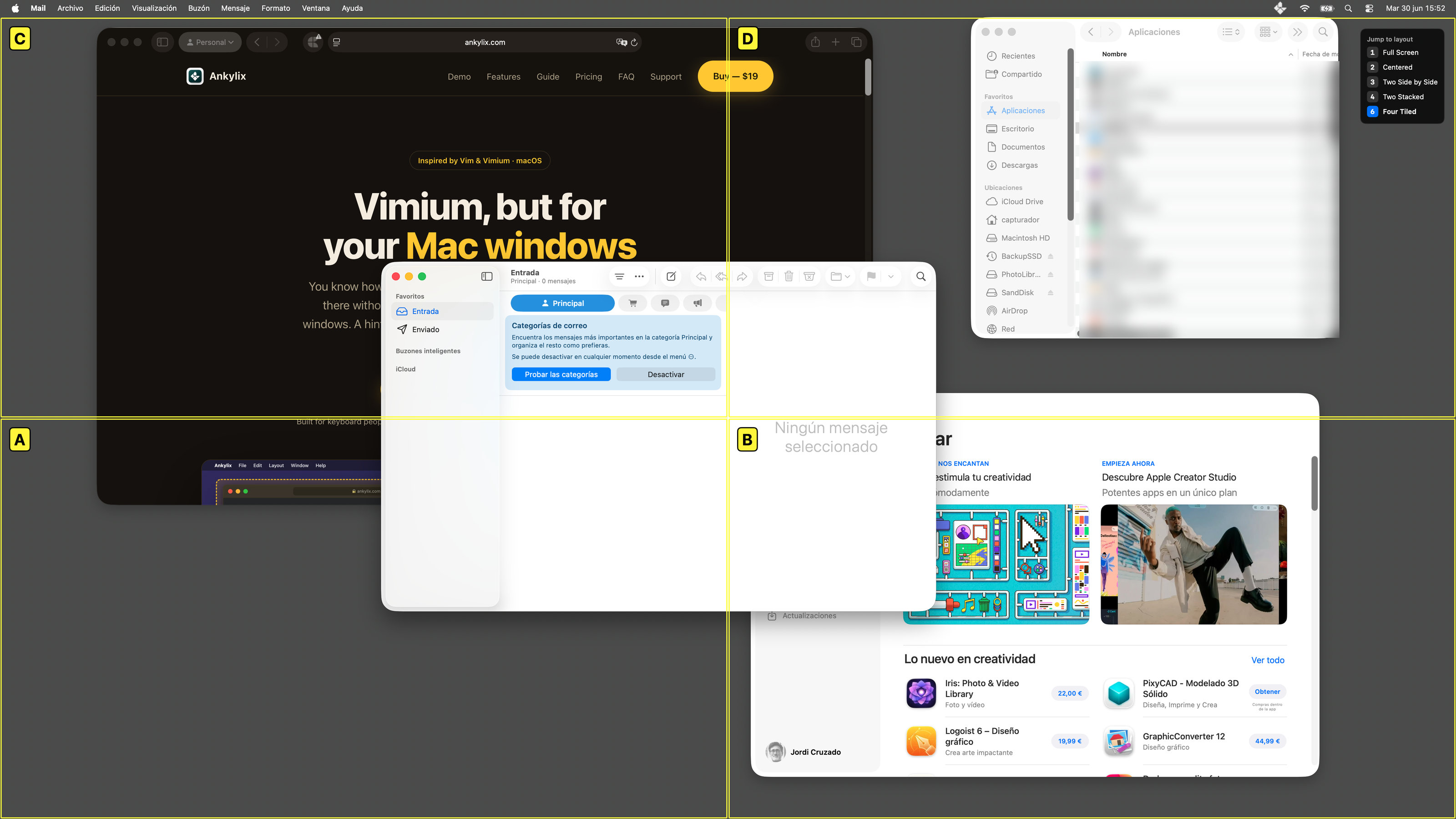 Ankylix tiling layout with letter hints A, B and C over a macOS desktop